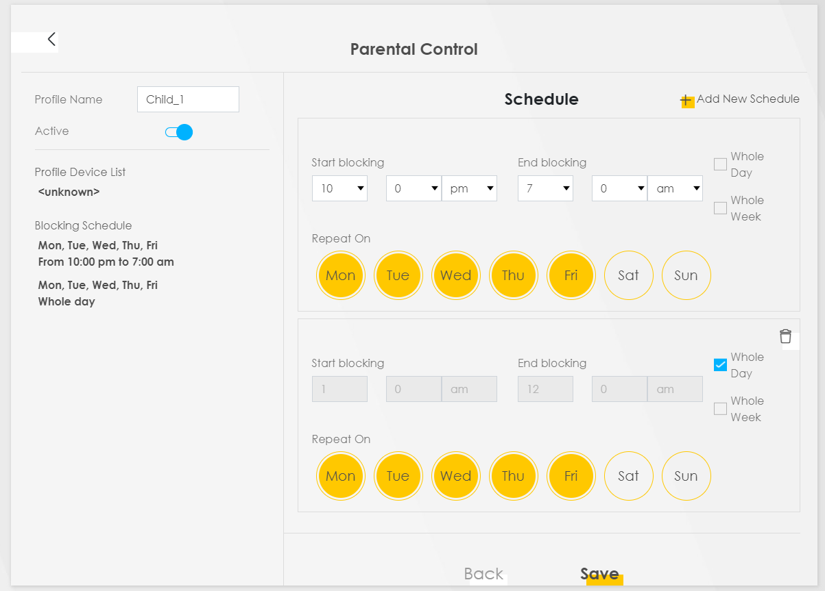 Zyxel user interface - Parental Control 3