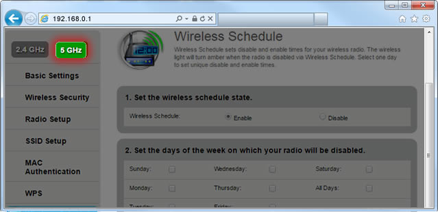 screenshot of modem settings showing 5 GHz selected